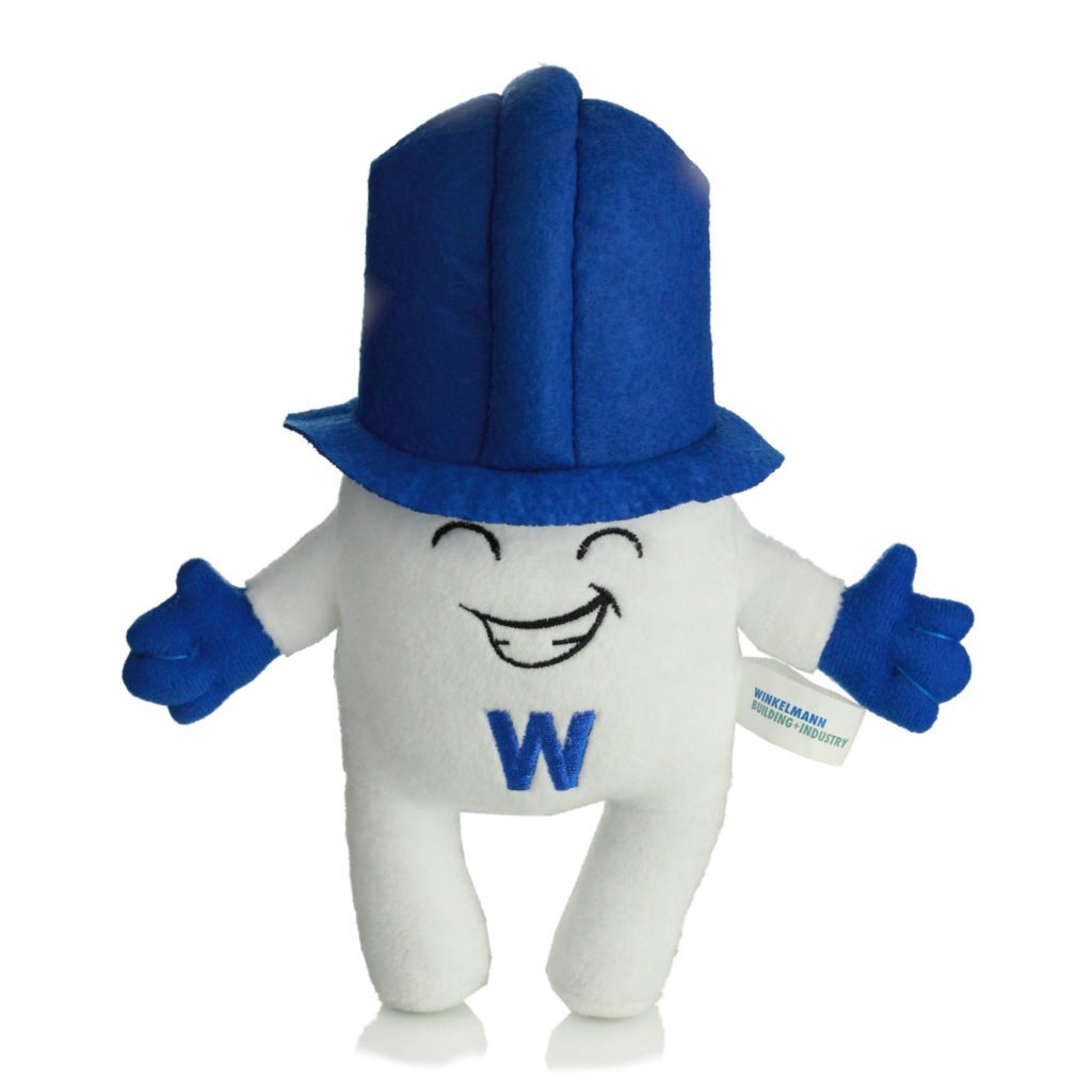 Maskottchen weiß mit blauem Hut und blauen Handschuhen