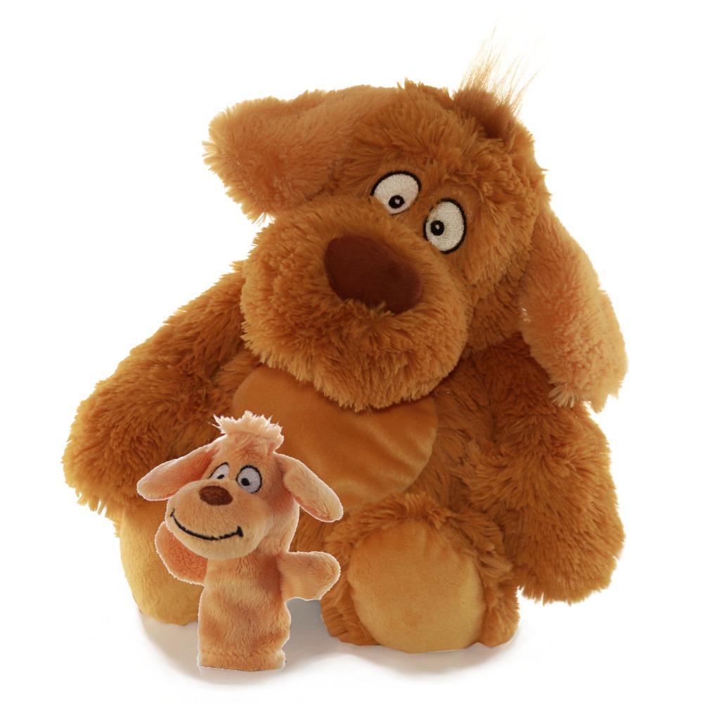 brauner Plüschhund als Handpuppe und Fingerpuppe